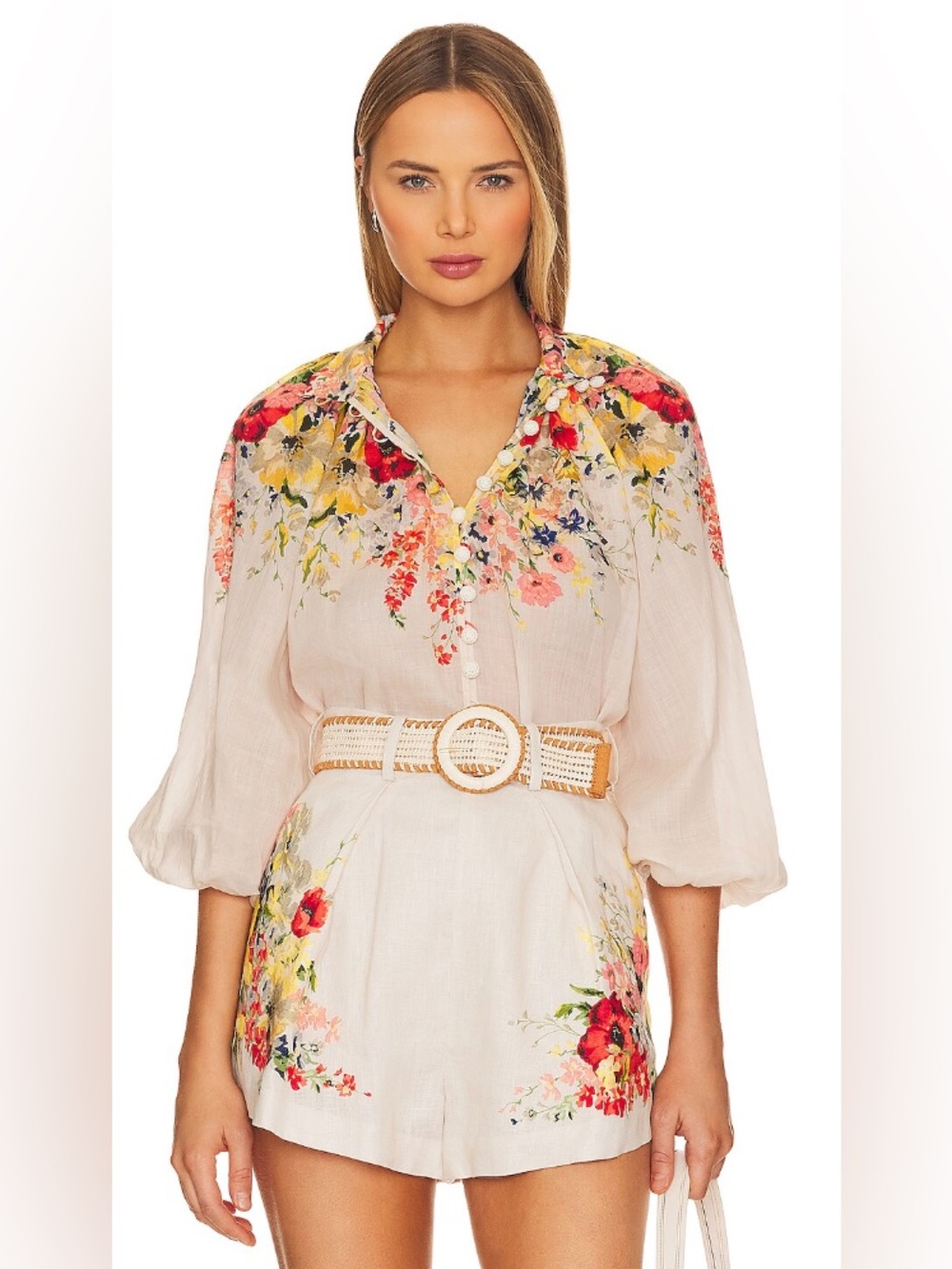 Zimmermann Ivory Floral-Embroidered Peasant Blouse